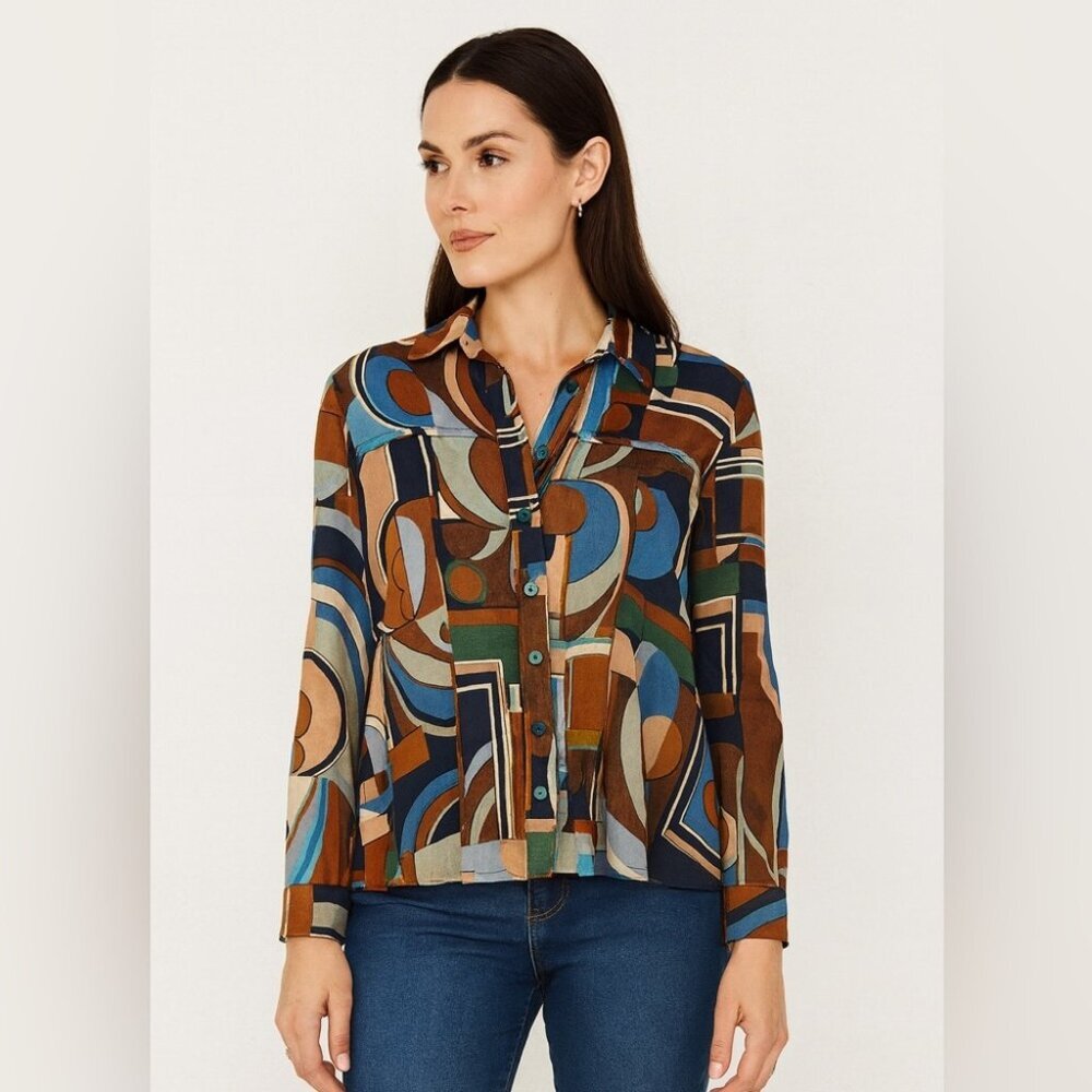 Retro Style Multicolor Geometric Print Blouse Women’s Size FR 40 Chic Funky